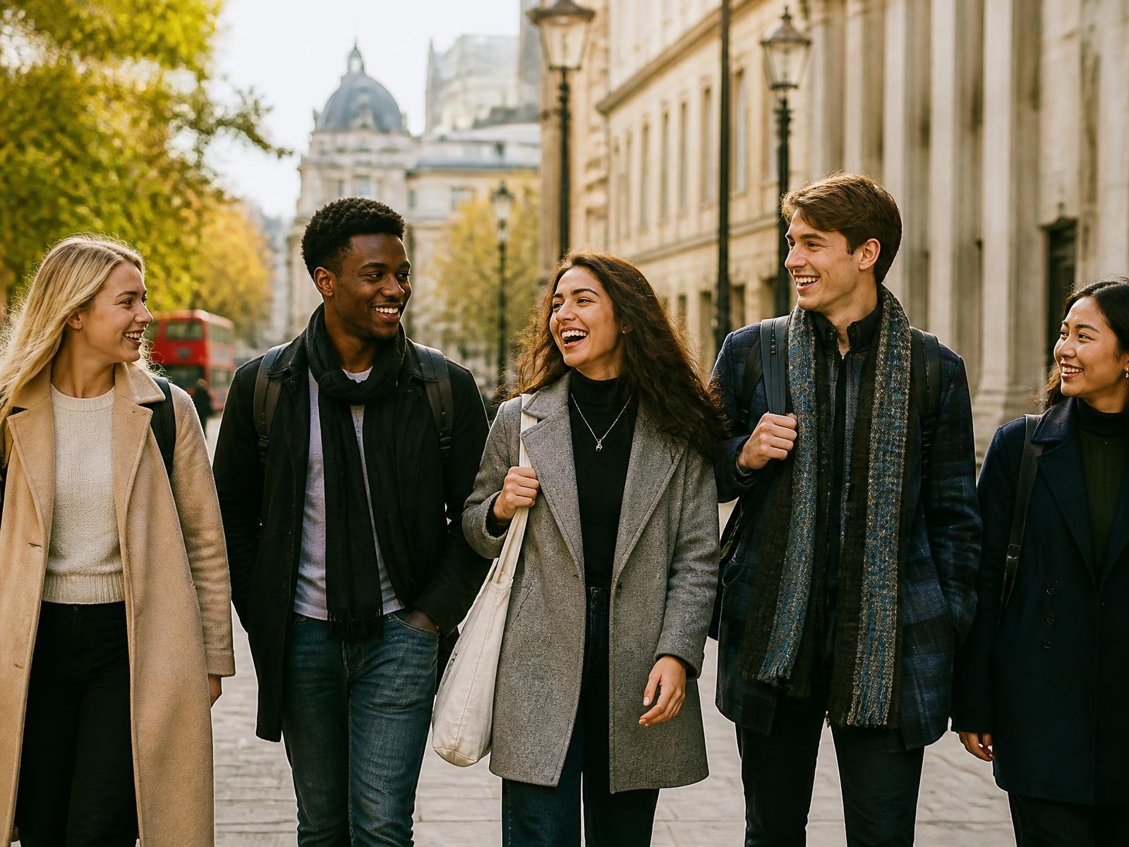 London university students walking together in Central London