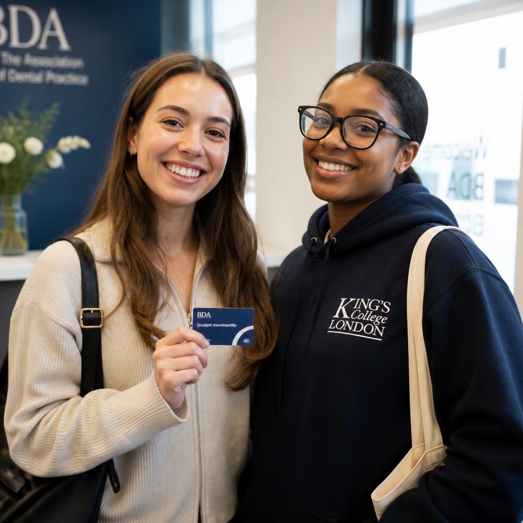 Two London university students holding a student dental plan card